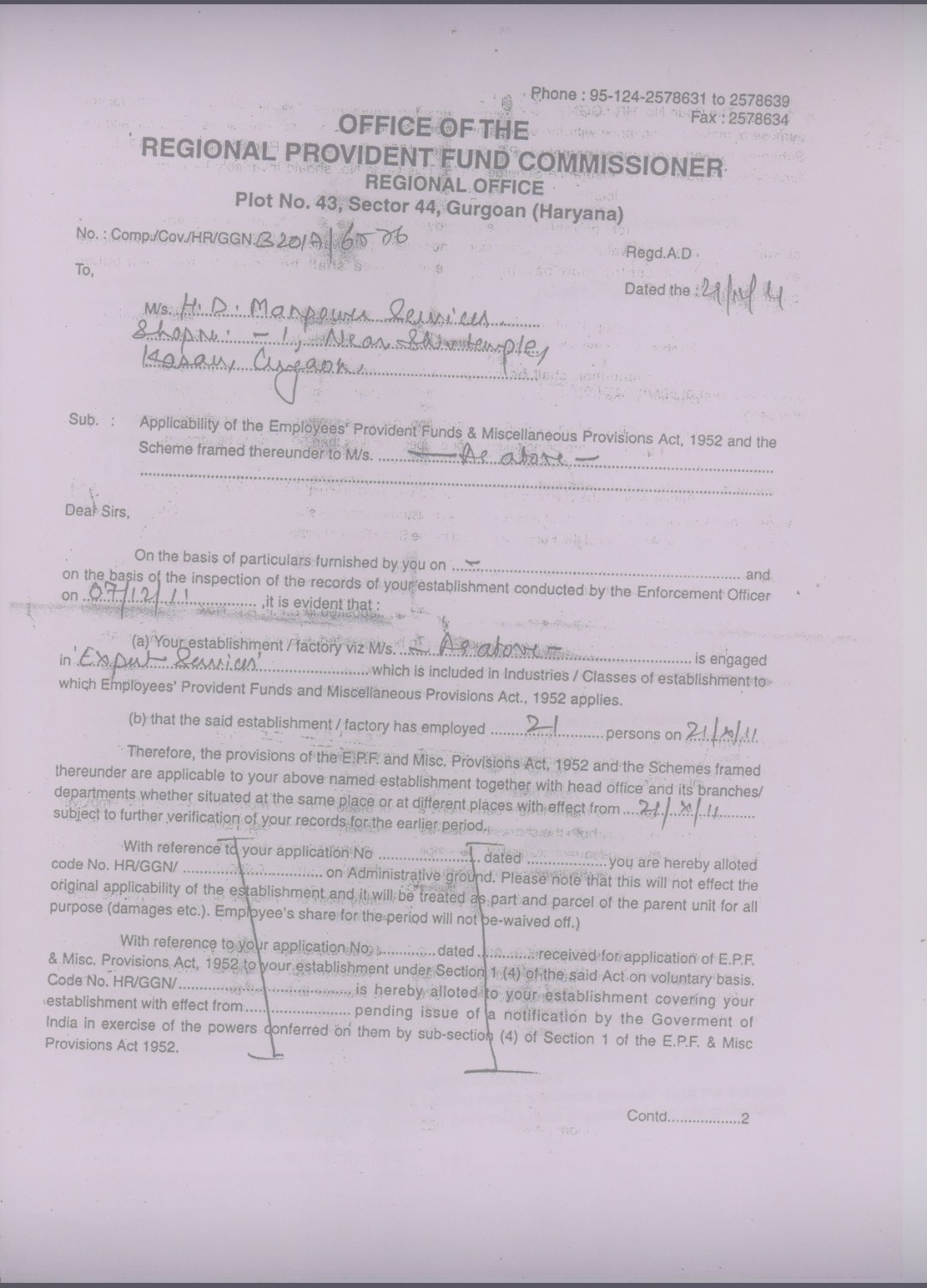Regional Provident Fund Commissioner establishment coverage letter