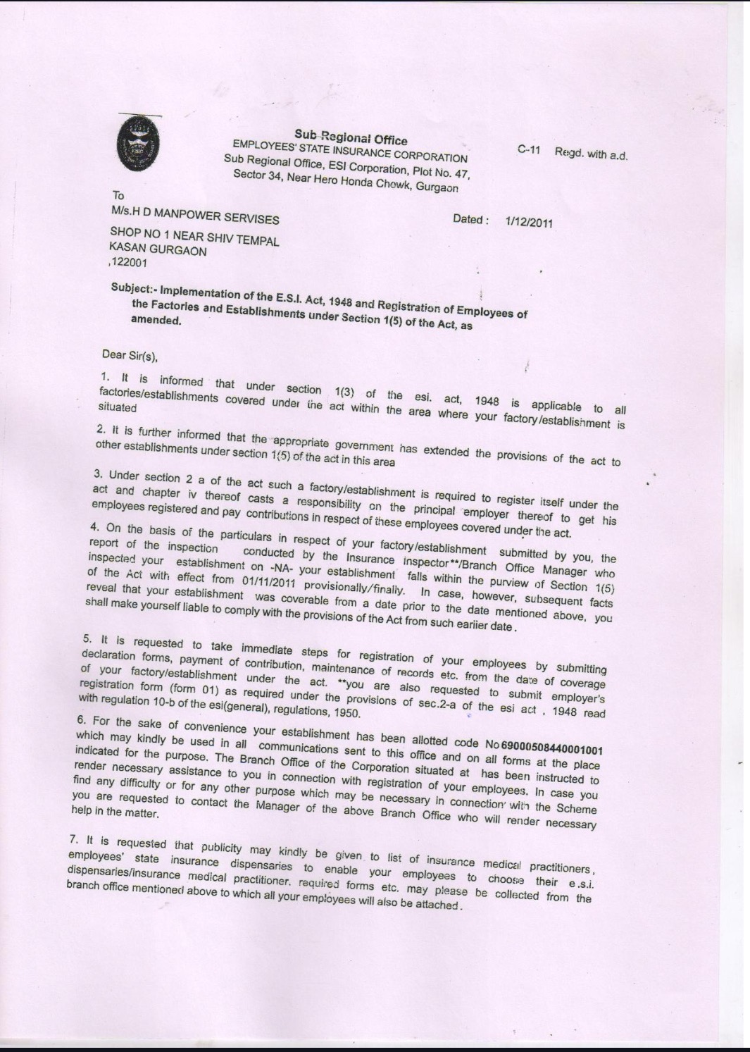 Employees State Insurance Corporation registration letter for H D Manpower Services