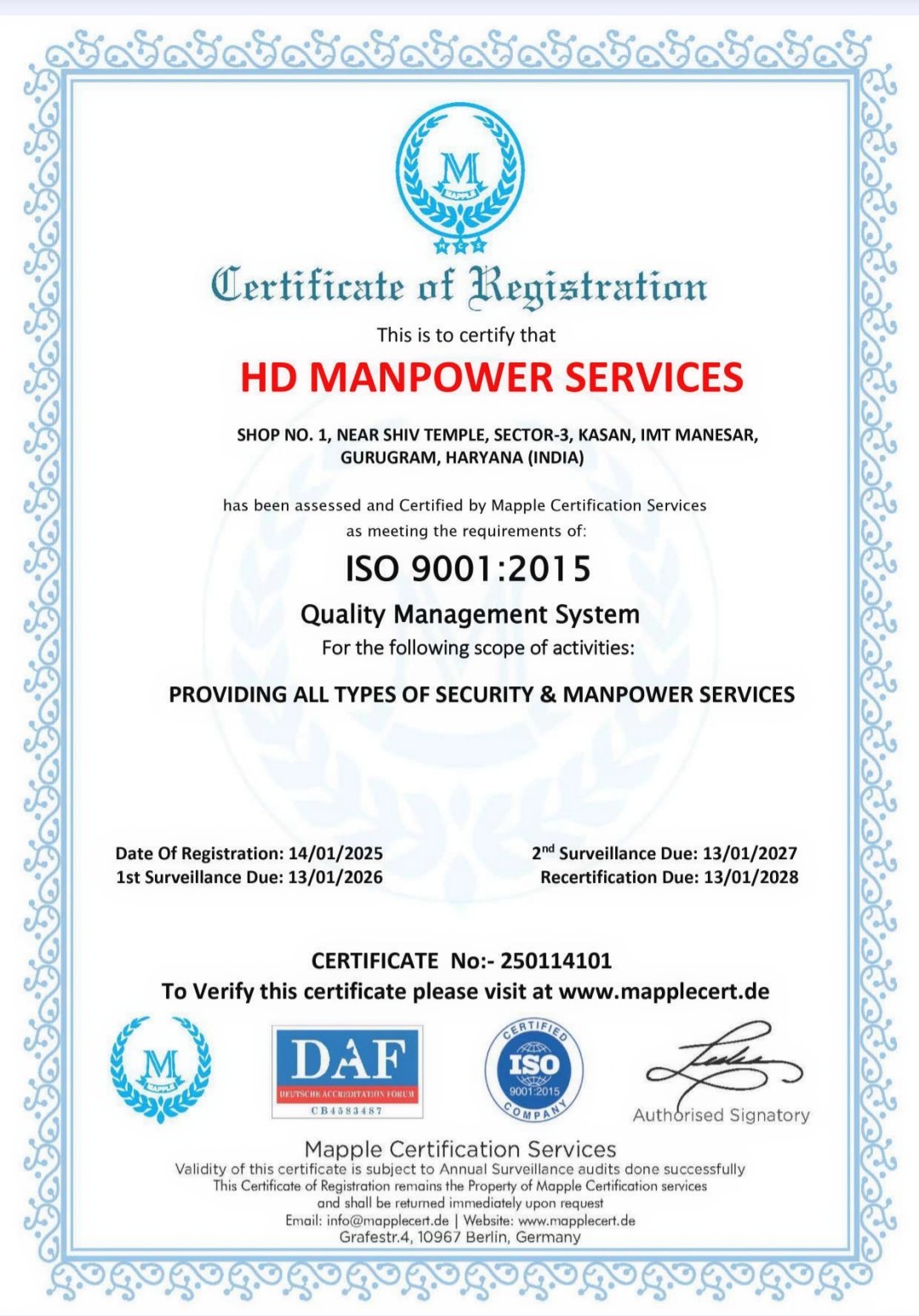 ISO 9001:2015 quality management certificate for HD Manpower Services