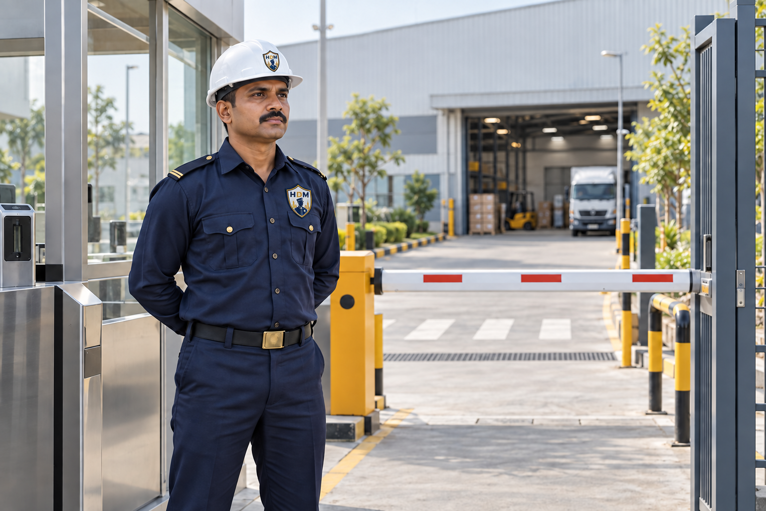 AI illustration of an HDM-branded security guard at a clean factory and warehouse access point