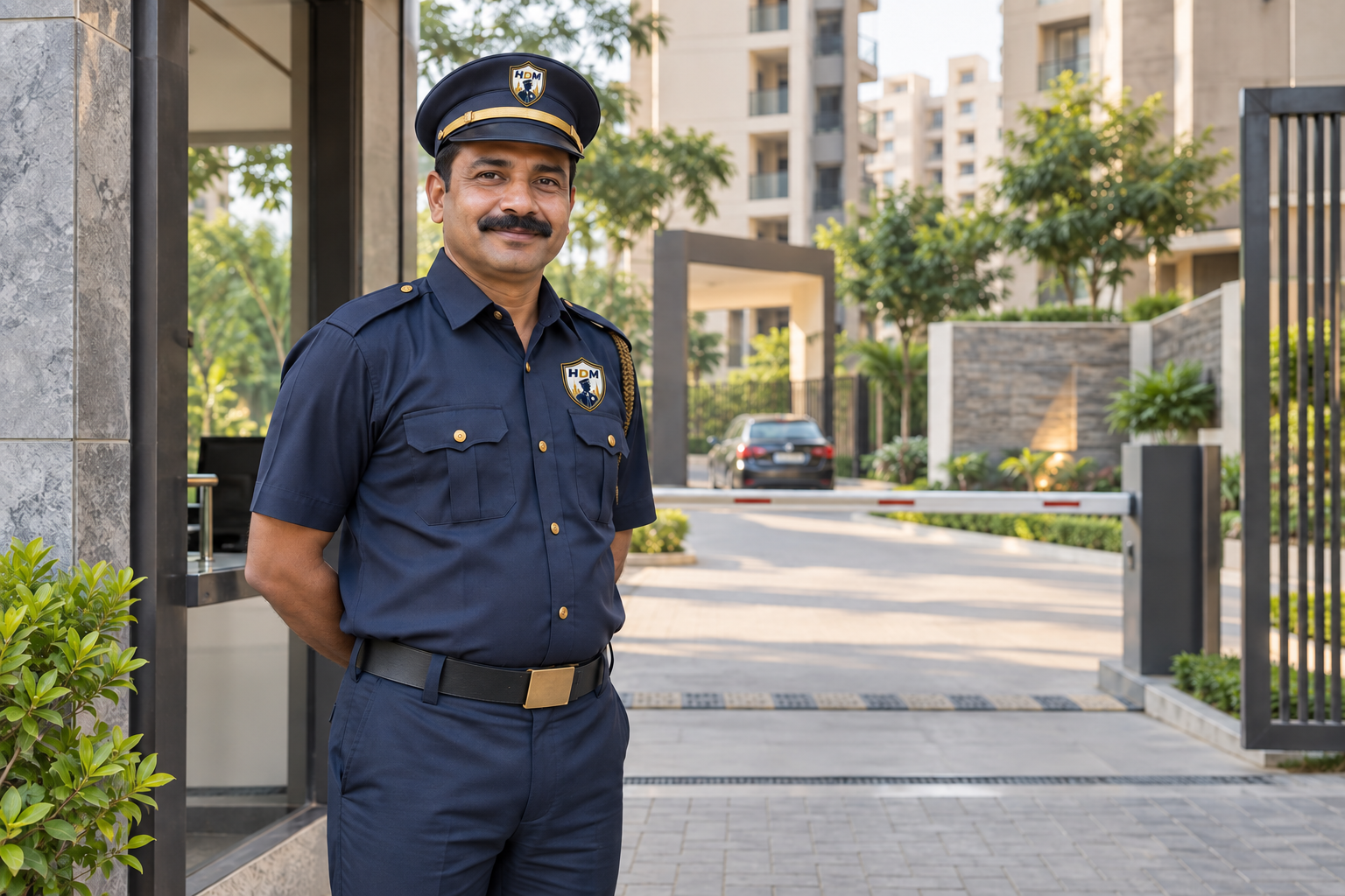 AI illustration of an HDM-branded security guard at a modern residential community entrance