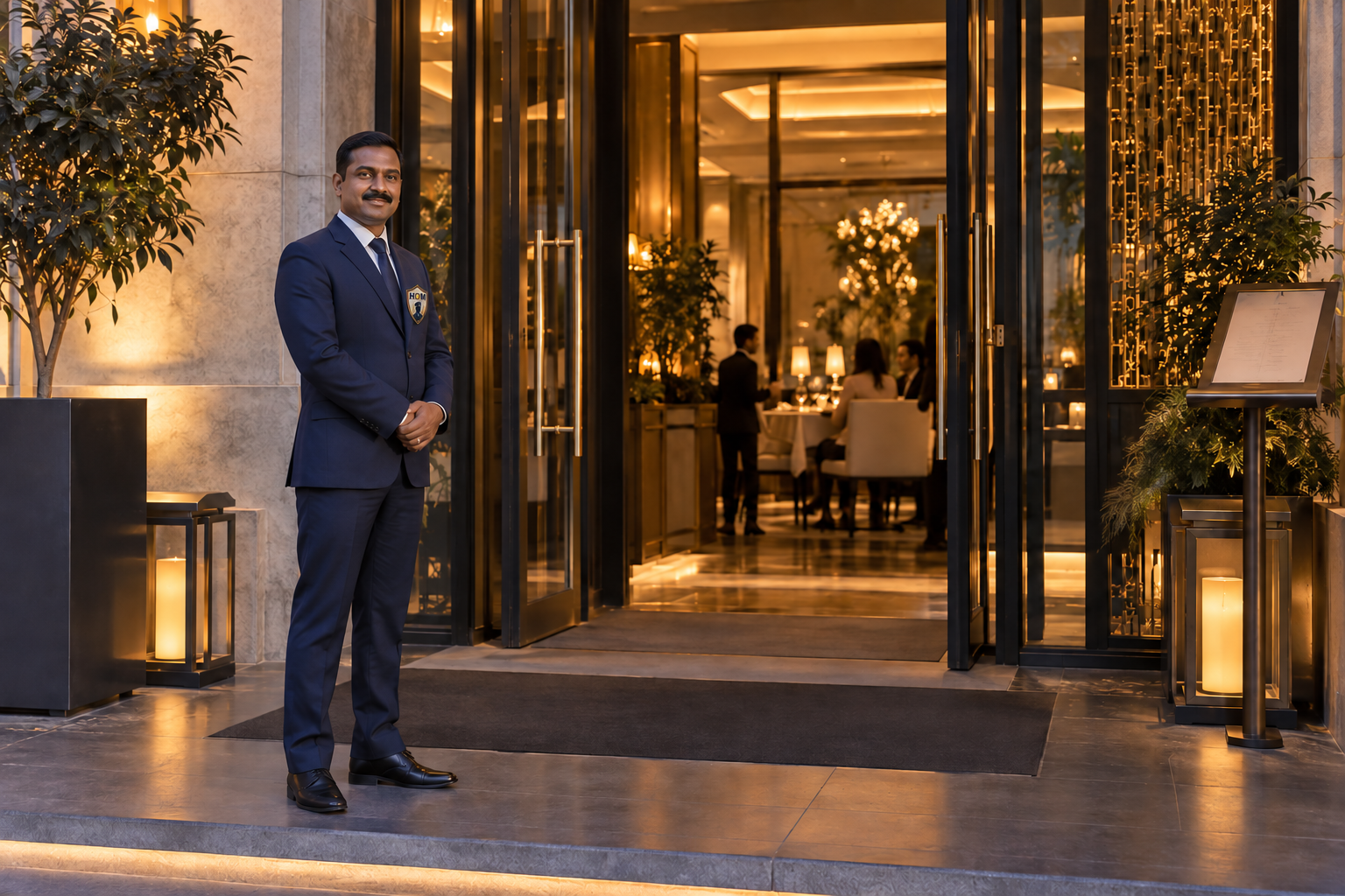 AI illustration of an HDM-branded security professional at a premium restaurant entrance